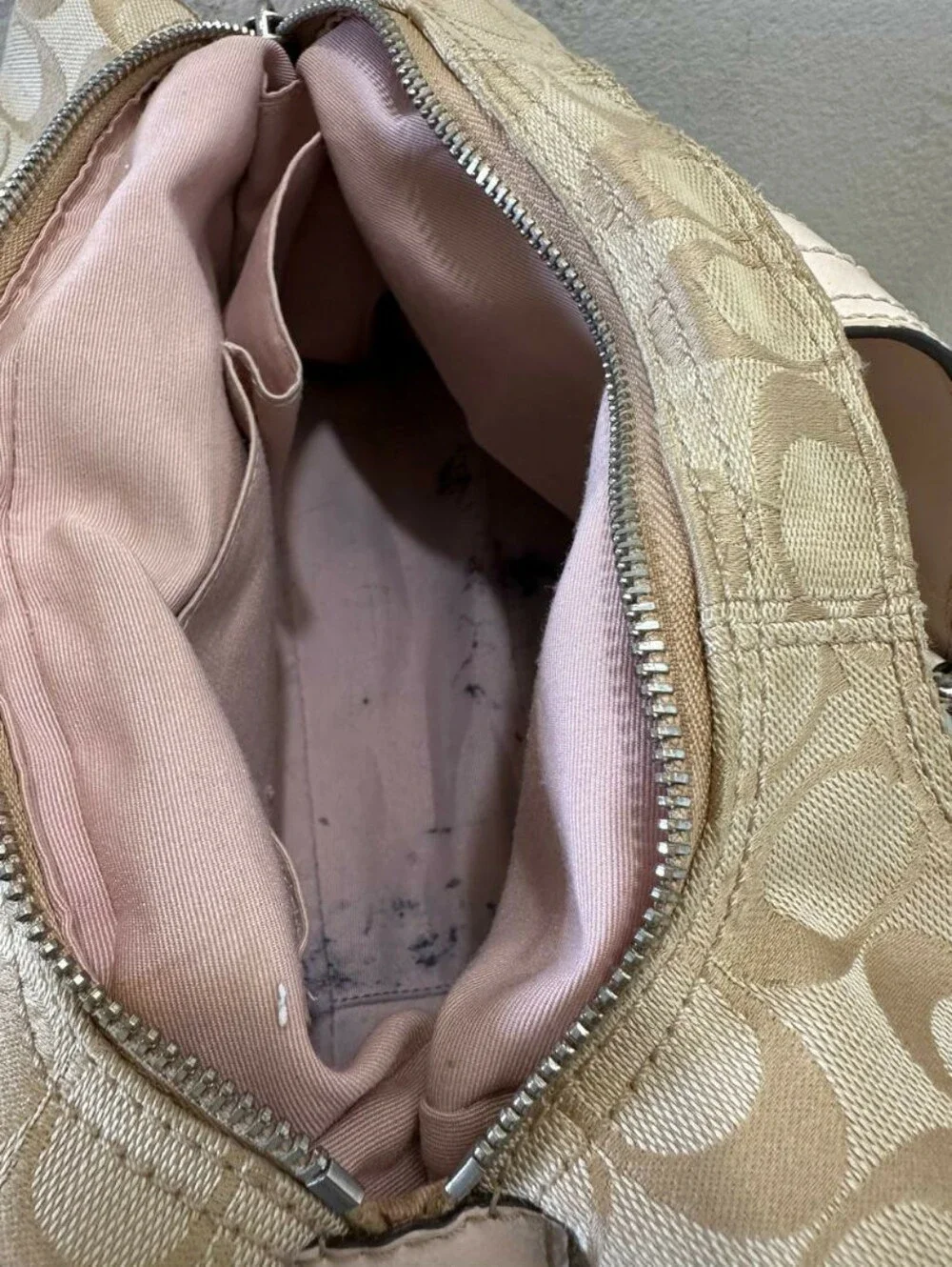 Coach Vintage Y2K Khaki Satchel Handbag with Pink Lining